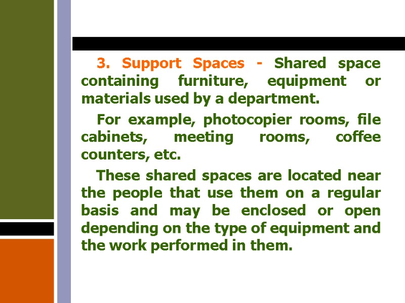 3. Support Spaces - Shared space containing furniture, equipment or materials used by a